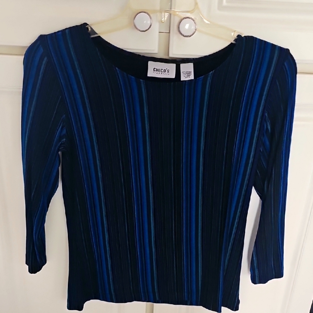 Chico's Blue Striped Top Travellers collection 3/4 sleeve, Size 0